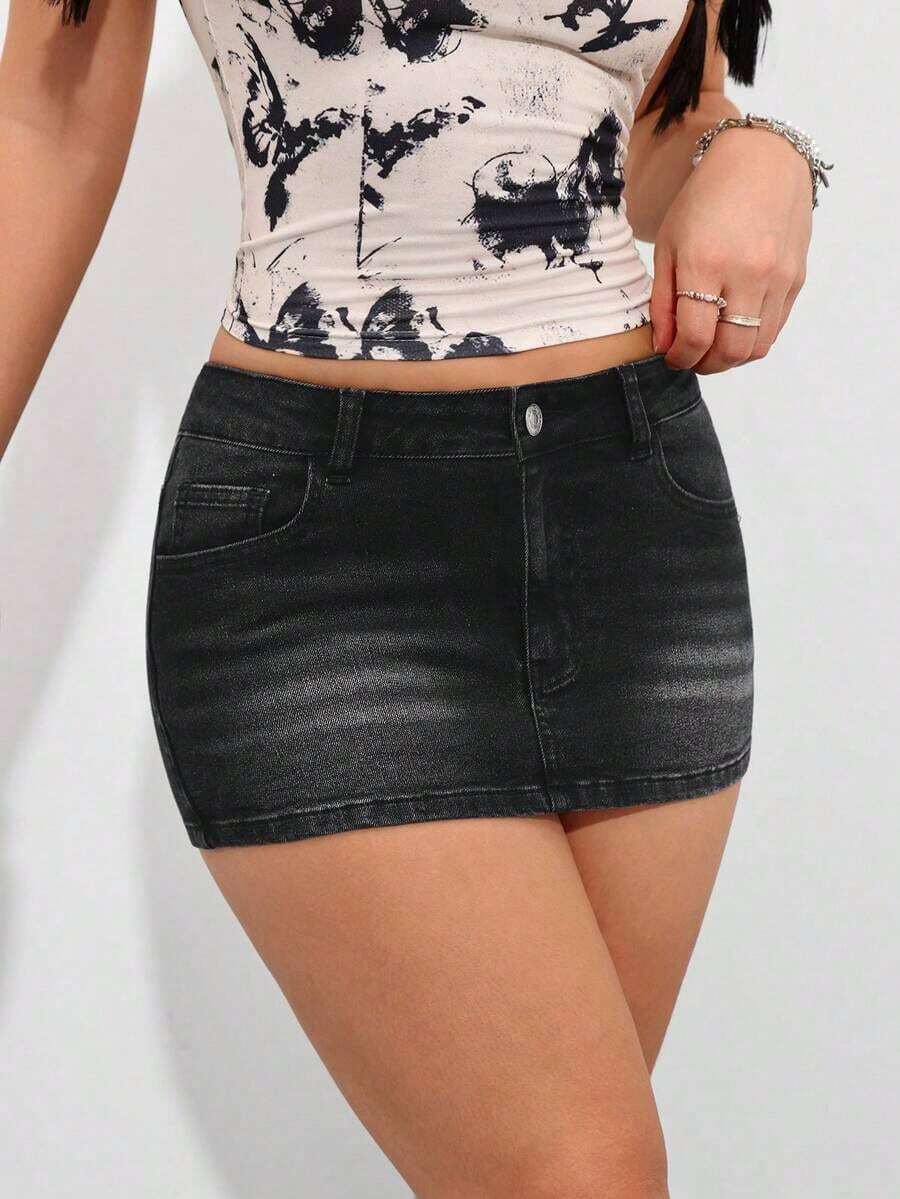 Minifalda vaquera con bolsillos y cremallera, de uso casual y para el diario, de moda - Gris Oscuro - Ver 1