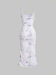 Vestido de mujer con estampado floral vintage, bloques de color, tirantes de hombro y pliegues en la cintura - Morado - Ver 2