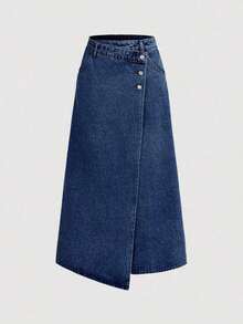 Falda midi recta de mezclilla para mujer, faldas de mujer para otoño, ropa de mujer para calle, falda de mezclilla para mujer, falda asimétrica, ropa de mujer para otoño, falda de invierno, vestimenta casual de negocios para mujer, atuendos de i - Azul lavado oscuro - Ver 1