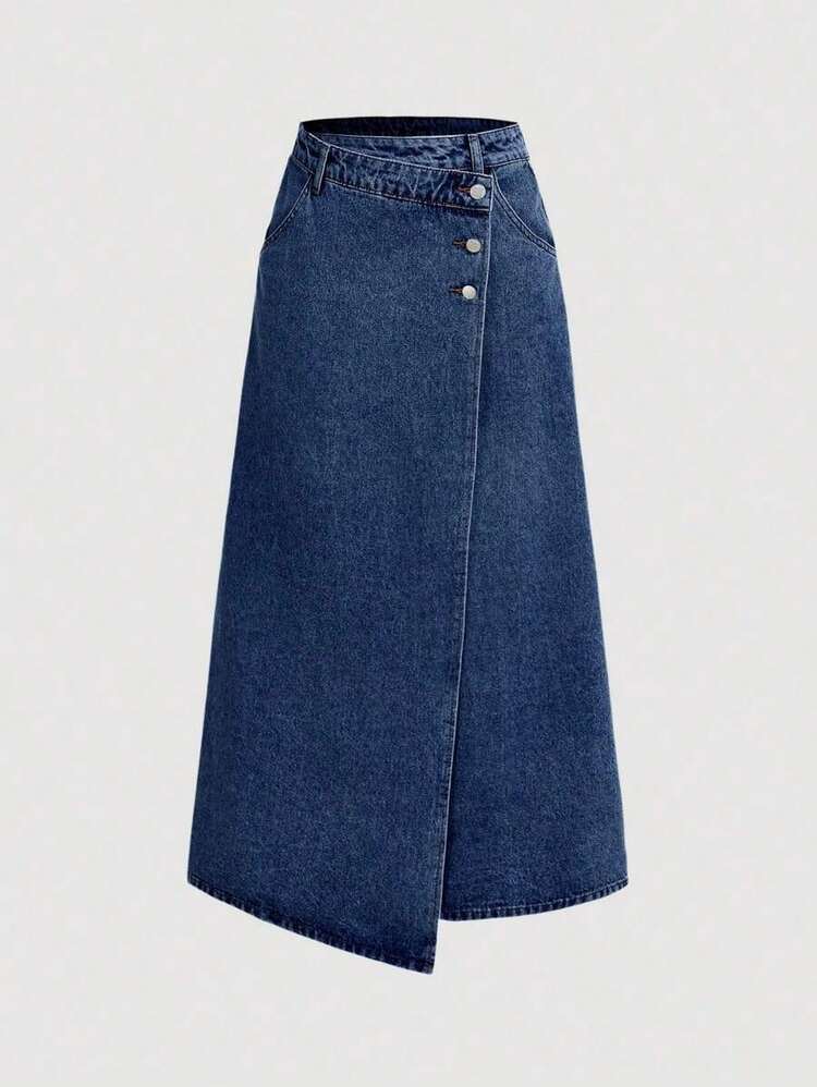 Falda midi recta de mezclilla para mujer, faldas de mujer para otoño, ropa de mujer para calle, falda de mezclilla para mujer, falda asimétrica, ropa de mujer para otoño, falda de invierno, vestimenta casual de negocios para mujer, atuendos de i - Azul lavado oscuro - Añade 1