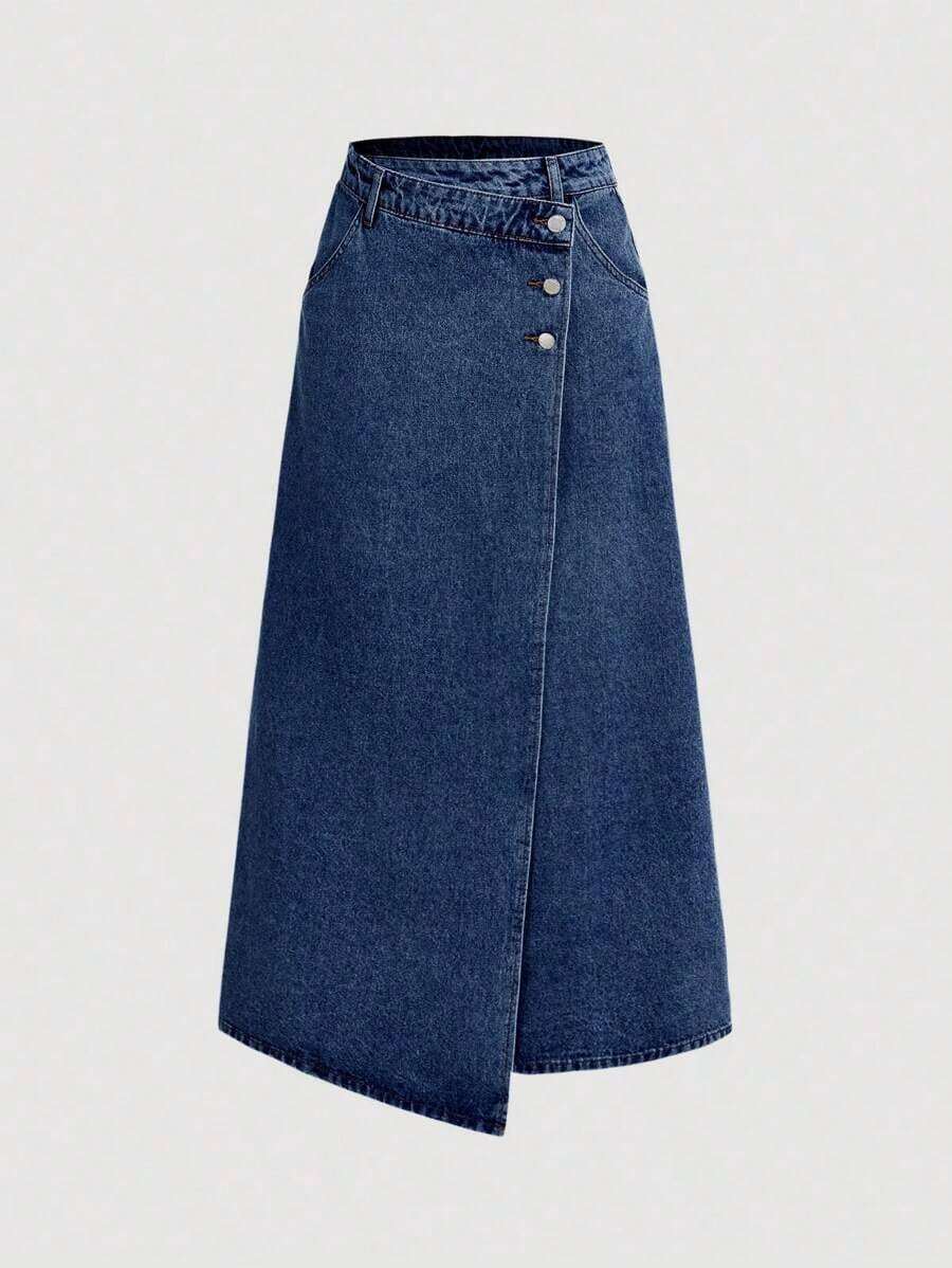 Falda midi recta de mezclilla para mujer, faldas de mujer para otoño, ropa de mujer para calle, falda de mezclilla para mujer, falda asimétrica, ropa de mujer para otoño, falda de invierno, vestimenta casual de negocios para mujer, atuendos de i - Azul lavado oscuro - Ver 1