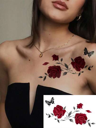 New Arrival Dark Personalized Waterproof Temporary Tattoos, Butterfly & Rose Floral Designs, Tattoo Stickers For Women