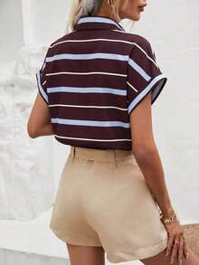 Blusa de estilo minimalista casual con estampado de lunares blancos y patrón de monedas vintage, adecuada para primavera/verano, versátil - Multicolor 4 - Ver 2