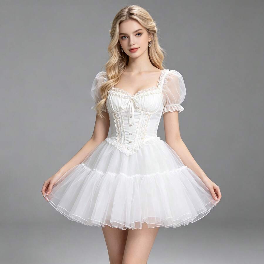 Váy lót trắng 30cm, 4 lớp chiffon pha lê + lớp lót, váy lót mềm mại không gọng dành cho váy Lolita, váy cưới