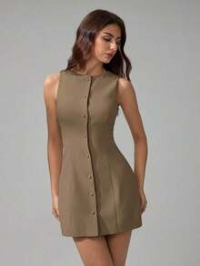 Tall Vestido mini elegante de unicolor con cuello redondo y sin mangas para mujer - Caqui - Ver 7