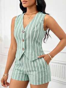 Lady Conjunto de 2 piezas de chaleco y pantalones cortos a rayas de verano casual para mujer - Multicolor - Ver 3