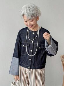 Chaqueta vaquera casual y versátil con botones delanteros sueltos para mujeres, chaqueta vaquera corta para mujeres, chaqueta de jean corta, chaqueta de jean oversize para mujeres - Azul - Ver 7