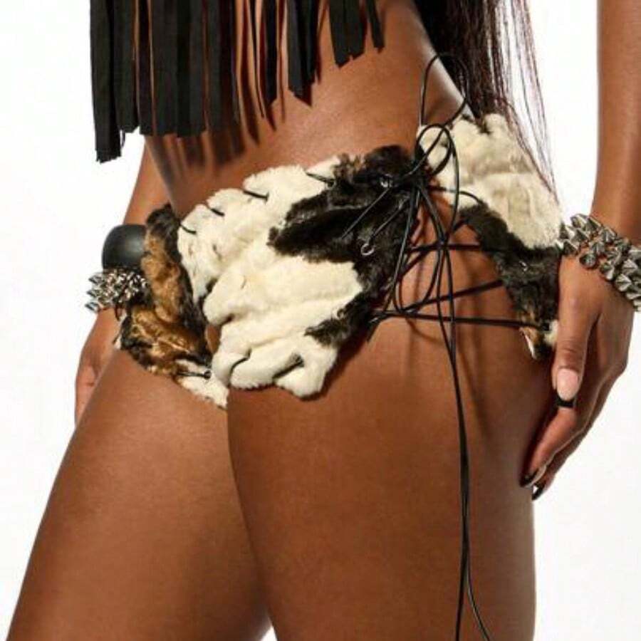 WOMEN Halloween Cow Print Faux Fur Booty Shorts With Black Leather Fringe Details Festival Party Micro Shorts - Beis - Ver 1