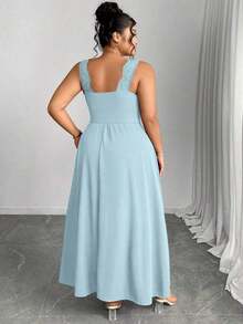Elenzya Vestido línea A con cuello en V, contraste de encaje, tirantes finos y abertura para tallas grandes - Celeste - Ver 2