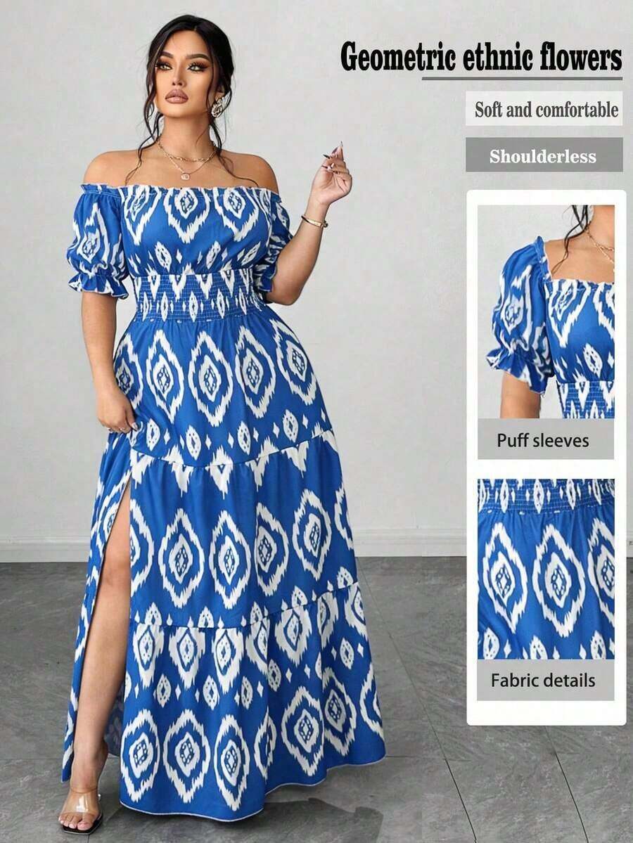Vestido casual elegante de talla grande para mujer de primavera/verano, en azul sólido de aspecto de mezclilla con cintura fruncida y con abertura lateral - Azul y blanco - Ver 1