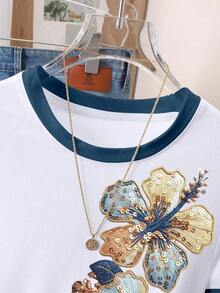 Camiseta de mujer de manga corta con cuello redondo, bloque de color, bordado de corazón a rayas y versátil - Blanco 11 - Ver 3
