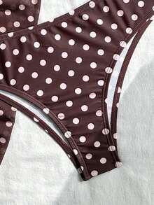 Swim Mod Conjunto de bikini de 3 piezas con estampado de lunares, escote halter y espalda con lazo, para vacaciones en la playa, atuendo de primavera, carnaval 2026, elegante, casual, traje de baño con falda - Multicolor - Ver 5