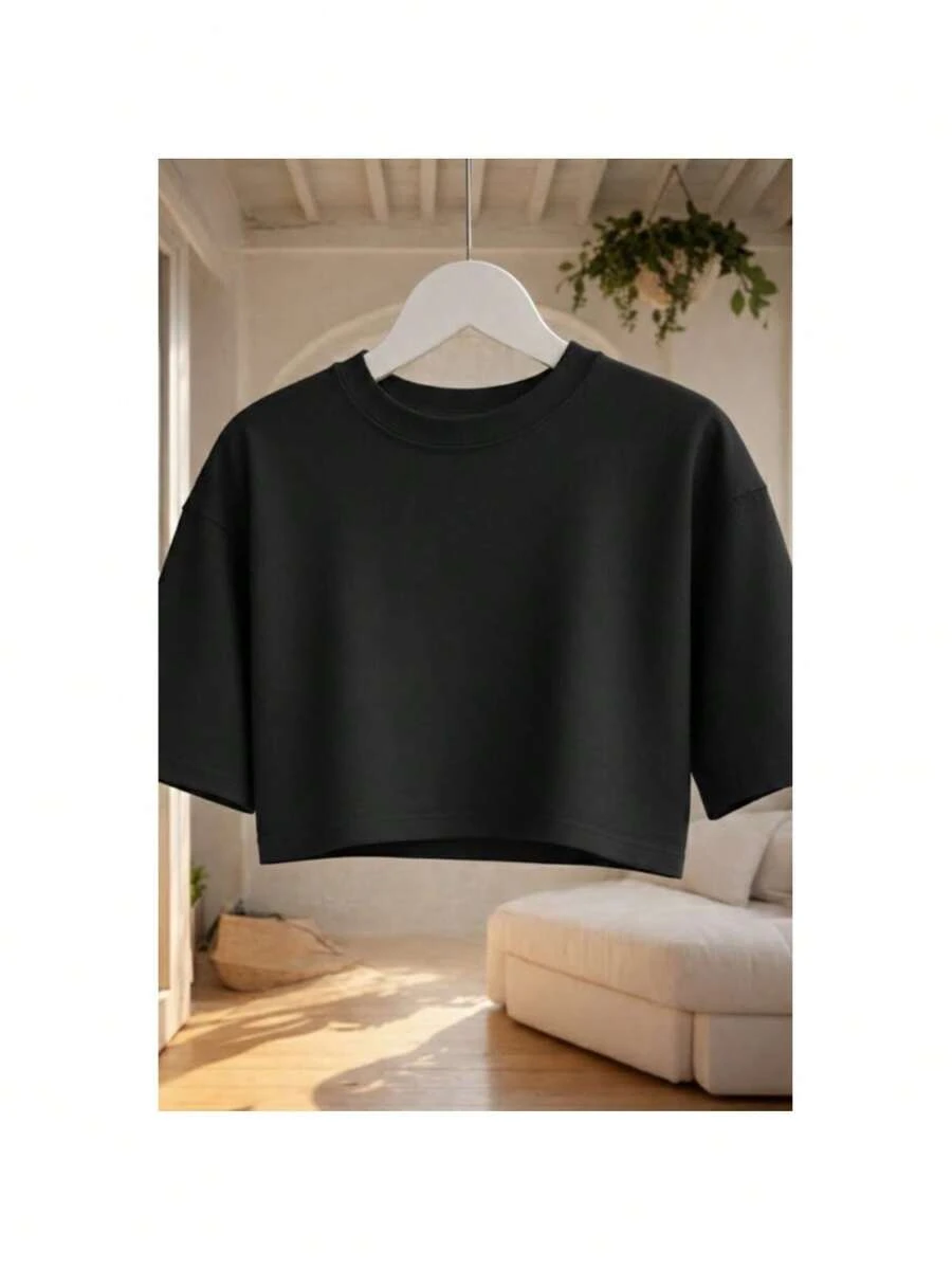 Women's Oversized Cropped Top, Plain, Basic, Stylish, Versatile, Various Colors, 100% Cotton - 黑色 - 查看 1