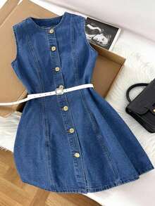 Vestido mini ajustado de mezclilla sin mangas y casual, azul - Azul lavado medio - Ver 4