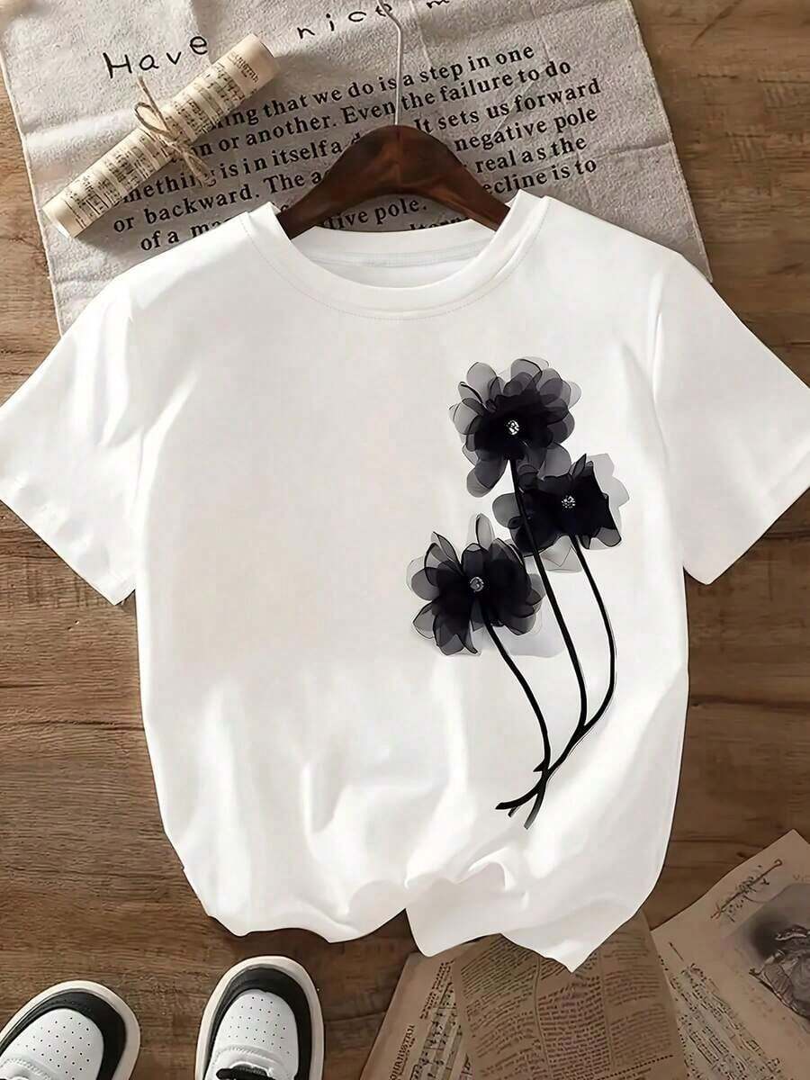 1 Piece Casual Fashion Item For Men And Women. Women's Floral Print Short Sleeve Casual T-Shirt - White With Black Floral Pattern, Round Neck, Suitable For Spring/Summer, Plus Size. Versatile, Easy To Match, Ideal For Everyday Wear, Streetwear, Vacation Wear, Weekend Wear. - 白色的 - 查看 1