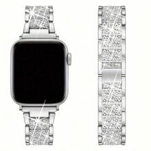 1件闪亮时尚珠宝银色金属表带，男女通用，兼容 38mm 40mm 41mm 42mm 45mm 46mm 49mm，Series 10/9/8/7/6/5/4/3/2/1/SE/Ultra，可调节表带，钻石不锈钢金属表带。 - 銀色 - 查看 4