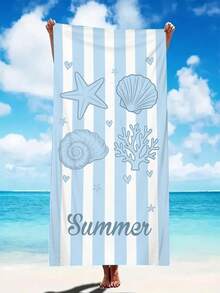 1 pieza Toalla de playa de microfibra de verano con patrón de concha a rayas azul, ultra suave, decoración del hogar, adecuada para la playa, piscina, camping y viajes, extremadamente cómoda - B - Ver 6