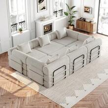 [Patented Design] 2-In-1 Chenille Sofa Bed With Storage Compartment In Armrest, Three Metal Frames And Multiple Configuration Options. - Khaki - View 7