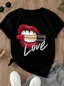 Camiseta de manga corta de talla para mujer con estampado de labios y corazones para el Día de San Valentín, estilo casual vintage, unisex, holgada, de algodón, con cuello redondo. - Negro - Ver 2