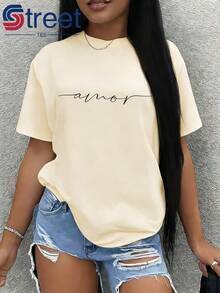 T-Shirt With Handwritten Text Print, Romantic Spanish Style For Lovers, Casual Women's T-Shirt, Women's Clothing, Summer Clothes, Simple And Modern Style, Lightweight Loose And Versatile Short-Sleeved T-Shirt - Unisex Vintage Urban Style Short-Sleeved Cotton T-Shirt With Round Neck - 杏色 - 查看 7