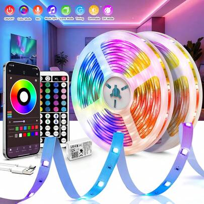 Tira de luces LED para decoración del hogar, iluminación de cambio de color con aplicación inteligente y control remoto, luces LED sincronizadas con música para decoración de habitaciones, sala de estar, dormitorio, decoración navideña, iluminación trasera de TV, decoración de PC