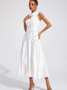 Vestido largo elegante 2026, cuello redondo sin mangas, con encaje, estilo casual y fiesta - Blanco - Ver 3