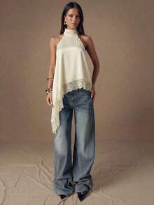 Satin Top With Elegant Lace Patches, Backless, Sexy Halter Neck Sleeveless Blouse For Parties, Cocktails, Formal Occasions, Christmas And Business Casual - 杏 - 查看 6