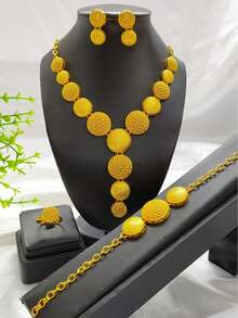 1 Necklace, 1 Bracelet, 1 Ring, 1 Pair Earrings Fashion Women's Gold-Plated Sphere Pendant Jewelry Set, 4pcs, Suitable For European, African, Middle Eastern, Dubai, Saudi Arabia Brides, Weddings, Parties, Dresses, Mother's Day, Valentine's Day, Birthday, Holiday Gifts, Daily Wear - Yellow Gold - View 1