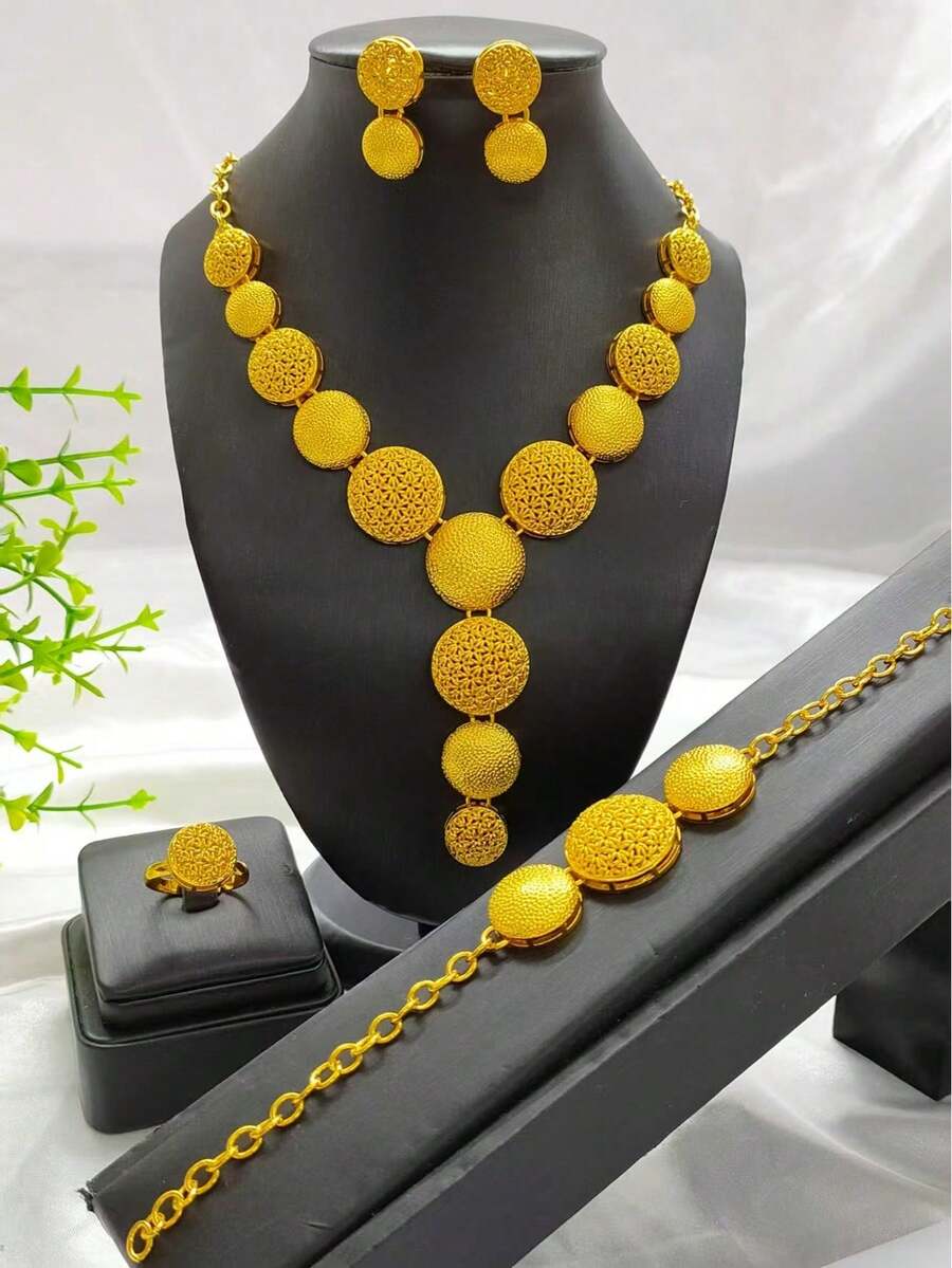 1 Necklace, 1 Bracelet, 1 Ring, 1 Pair Earrings Fashion Women's Gold-Plated Sphere Pendant Jewelry Set, 4pcs, Suitable For European, African, Middle Eastern, Dubai, Saudi Arabia Brides, Weddings, Parties, Dresses, Mother's Day, Valentine's Day, Birthday, Holiday Gifts, Daily Wear - Yellow Gold - View 1