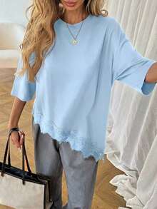 Camiseta casual de mujer con dobladillo asimétrico de encaje de unicolor, uso básico diario, blusa casual de primavera/verano para vacaciones de mujer, vacaciones de verano para mujer, primavera para mujer, vacaciones de primavera, top para ir - Celeste - Ver 3