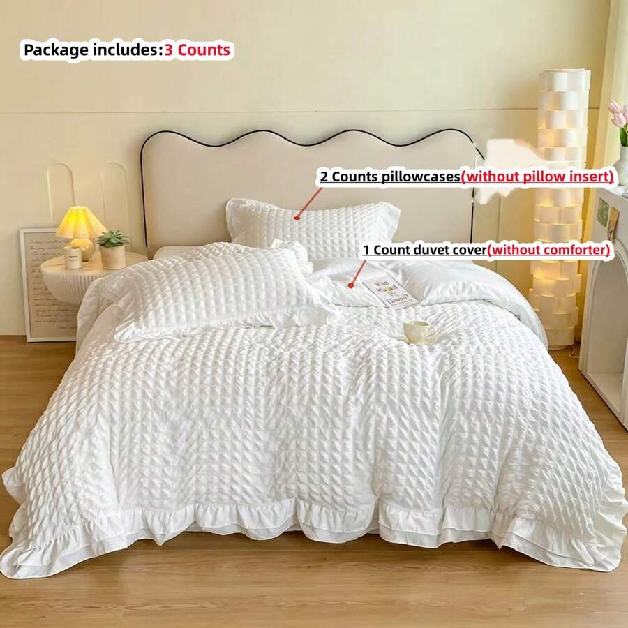 3-Piece Seersucker Small Check Bedding Set With White Lace Trim Duvet Cover And Pillowcases, Does Not Include Duvet Insert And Pillow Inserts - White - View 1