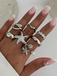 Set de 8 piezas de anillos abiertos con estrellas de mar y conchas de estilo vacacional, un conjunto de joyas de anillos nudillares únicos - Juego de 8 anillos con forma de estrella de mar - Ver 3