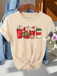GiftGiftGiftGiftElegant - Women's Limited Edition Short Sleeve Crew Neck T-Shirt With Summer Watermelon Drink Print, Ideal For Spring, Summer, And Autumn, Perfect For Stylish Photos, Work, Vacations, And Everyday Wear With A Vintage Touch. Soft. - 杏色 - 查看 7