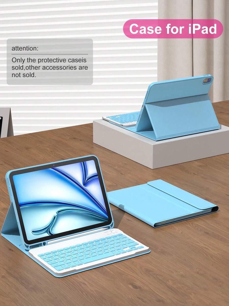 Bao da kiêm bàn phím tương thích với iPad A16 (thế hệ 11/10), thế hệ 9/8/7 (10.2"), iPad Air (10.9"/11"), được làm từ chất liệu TPU dạng gập, PMMA và da PU, bao gồm bàn phím Bluetooth không dây (pin 150mAh) và giá đỡ, màu xanh nhạt.