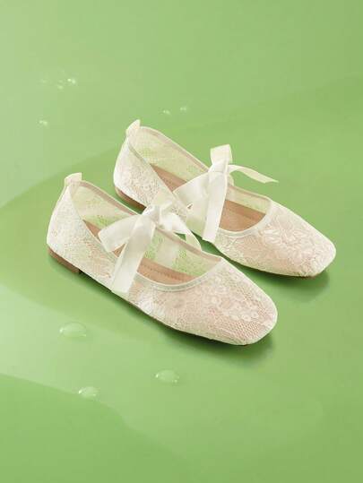 Trivaya Bow Tie Square Toe Women's Flat Shoes, Fashion Hollow Breathable Lace Mesh Flat Shoes, Gentle & Elegant Mary Jane Ballet Flats