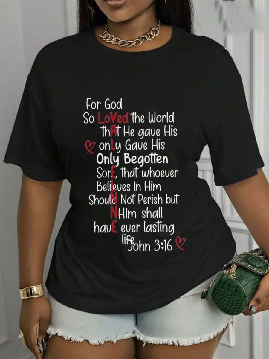 Women's Plus Size Casual T-Shirt, Round Neck And Loose Fit, With A Print Of The Biblical Verse John 3:16, Comfortable And Versatile, Soft And Breathable, Classic Design, Suitable For Various Daily Occasions, With Good Elasticity, Ideal For All Seasons. - 黑色 - 查看 1