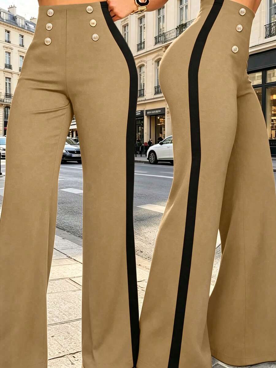 1pc Women's Fashion Versatile Contrast Color Front Zip High Waist Straight Leg Casual Pants, Black Office Work Trousers, Spring/Summer - Khaki - View 1