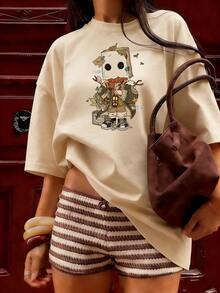 Vintage And Fantasy Style Short Sleeve T-Shirt, Fashionable Short Sleeve T-Shirt For Spring And Summer 2026, Made In Mexico, 180 Grams. Cartoon Print, Couple Design, Suitable For Indoor Or Outdoor Wear. Crew Neck, Unisex, Ideal For Office And Leisure. One-Piece Pack. - APR-P631577SLNDXZGY504 - 查看 4