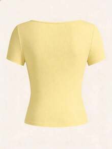 Blusa corta con cuello en V profundo y manga corta, estilo sexy Y2K para mujer, de tela elástica negra, adecuada para discoteca, fiesta, festival de música y estilo casual de calle en verano - Amarillo - Ver 3
