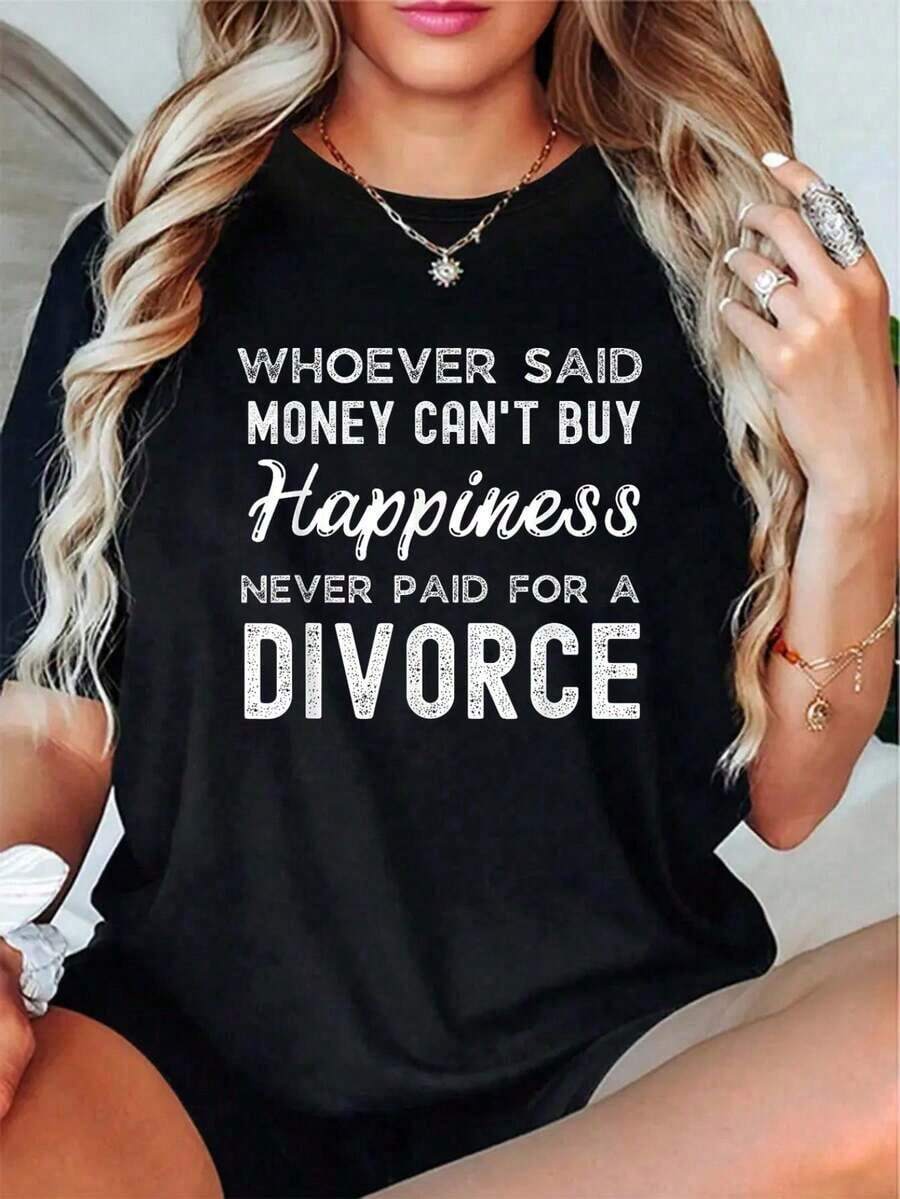 Funny Divorce T-Shirt, Party T-Shirt, Marriage Survivor T-Shirt, Completely Divorced - 100% Cotton, Short Sleeve, Casual, Summer And Spring Essential - Women's Clothing, Graphic Print T-Shirt For T-Shirt Lovers. - 黑色 - 查看 1