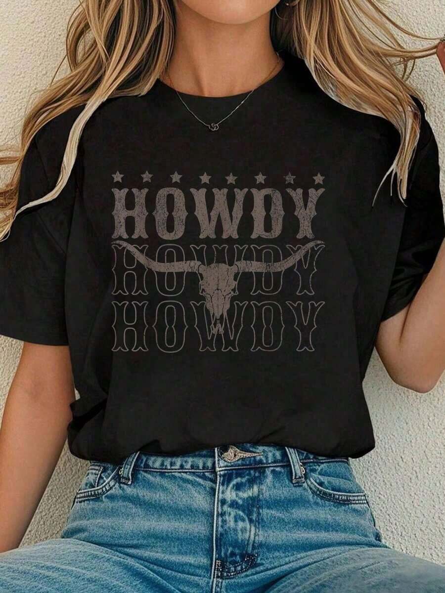 PremiumCamiseta de Algodón para Mujer, Estilo Retro, con Diseño de Toro, Calavera, Vaquero, Vaquera, Estilo Western Country, Camiseta Cómoda para MujerNueva llegada - Negro - Ver 1