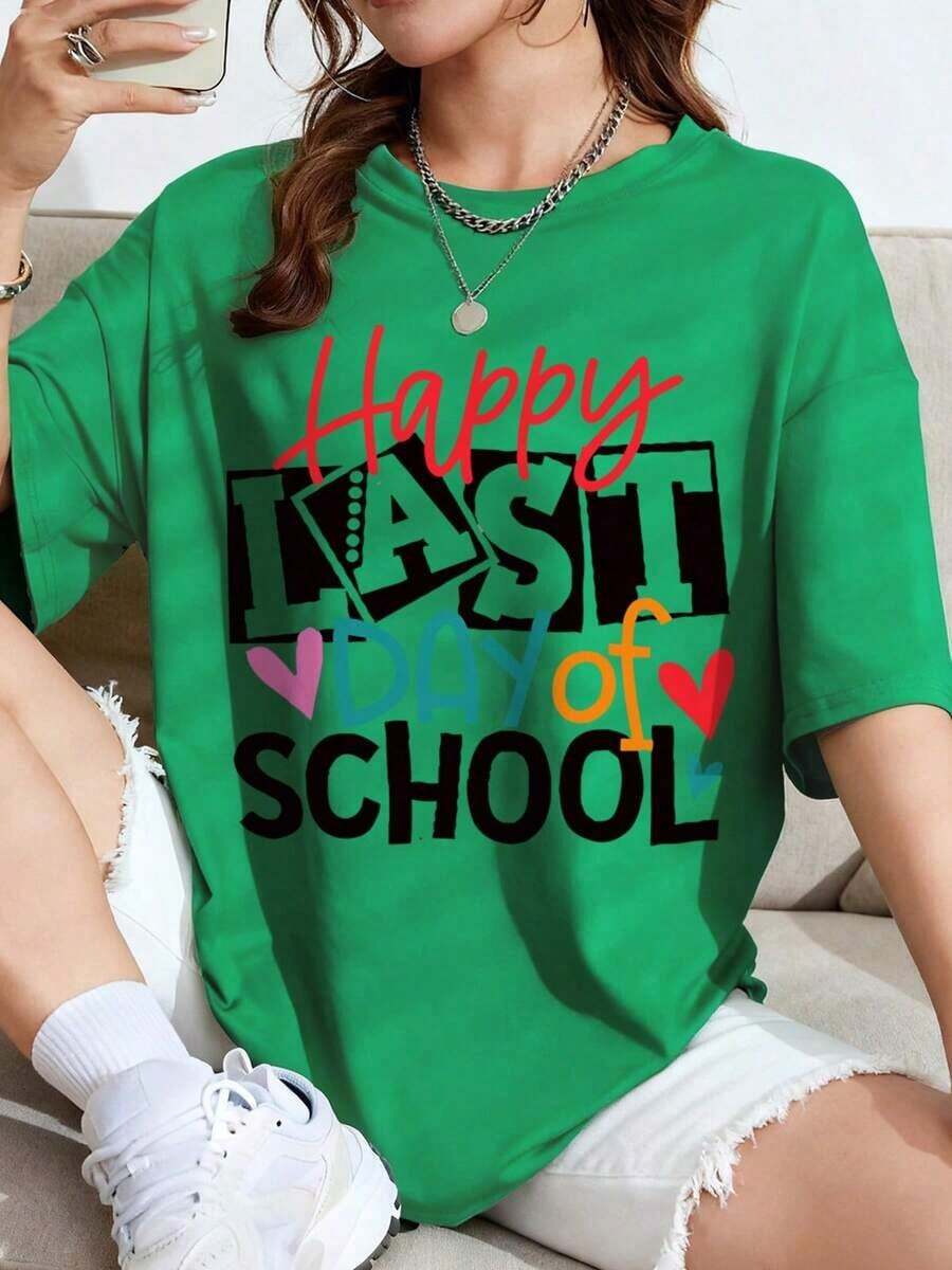 Solt Vintage Camiseta Casual Suelta,Día De La Escuela Divertido Camiseta Gráfica - Camisetas De Último Día De La Escuela Para Maestras Para Mujer, Playera De Graduación Escolar, Playera De Regalo De Agradecimiento, Para Mujer Curvy con Estilo y Comodidad DiariaFashion personality pattern - Verde - Ver 1