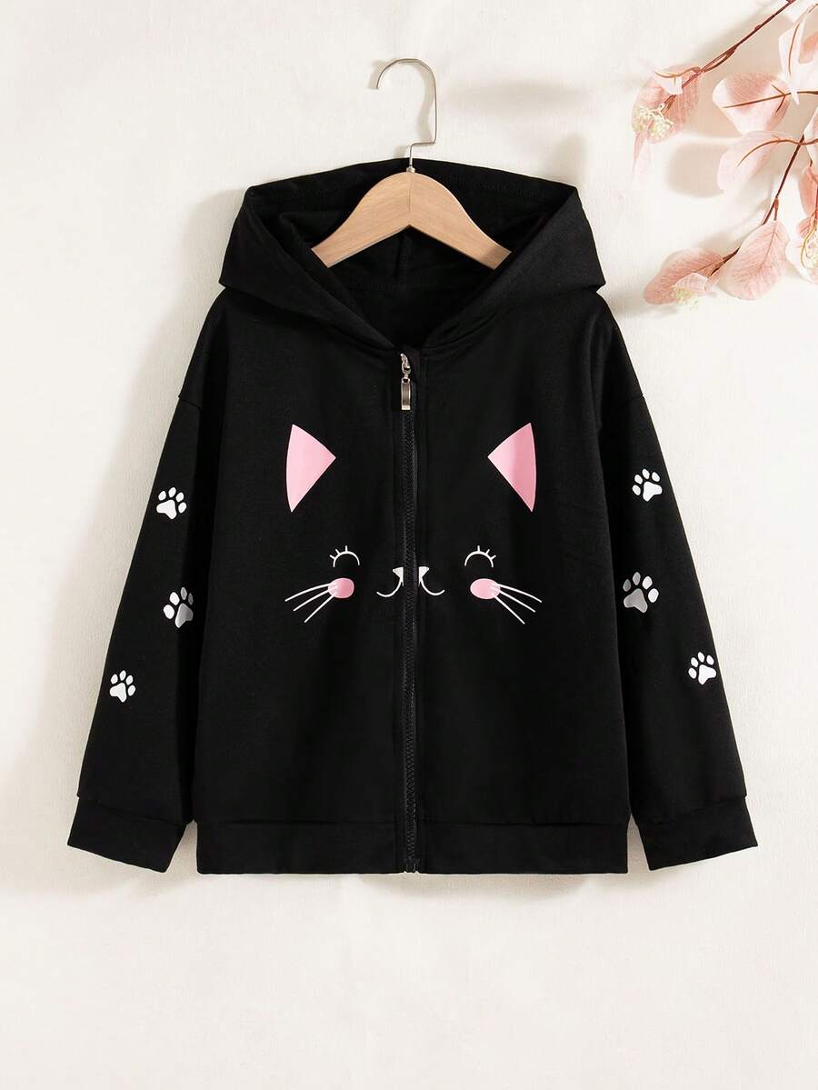 Girls Casual Graphic Print Hooded Zipper Jacket, Regular Fit Long Sleeve Sweatshirt, Fashionable Outerwear For Girls, Spring Autumn - Black - View 1