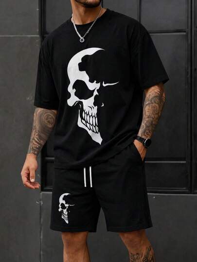  Fractyr Men's Double-Sided Skull Print T-Shirt And Shorts Set, Gothic Street Style, Black Skull Graphic Casual Sports Outfit, Soft Touch Short Sleeve Tee And Elastic Waist Shorts, Urban Style