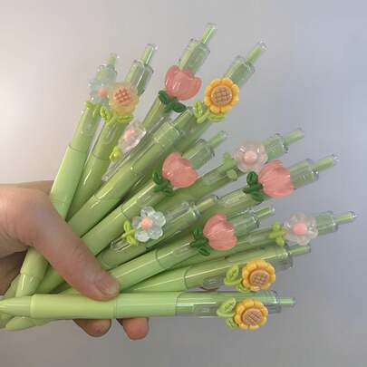 1/3/5pcs Flower Decor Retractable Gel Pen Green Barrel Smooth Writing Pen Aesthetic Floral Stationery Office Desk Supplies Journal Planner Note Taking Writing Accessory