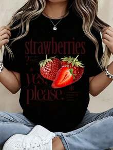 Women's Summer T-Shirt With Vintage Strawberry Print "Yes Please", Retro Graphic T-Shirt With Fruit Design, Casual Summer Top For Women, Cool And Comfortable Fashion T-Shirts. - 黑色 - 查看 7