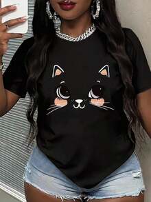 Soft 100% Cotton T-Shirt, Women's Short Sleeve White Casual T-Shirt, Round Neck, Regular Length, Cat Print, Breathable Cotton T-Shirt, Goes With Everything, Great. - 黑色 - 查看 3