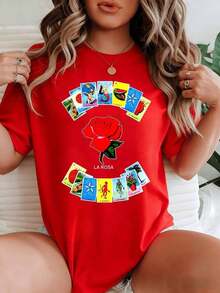Vintage Artwork Inspired By The Lottery, Featuring A Bold Central Red Rose Surrounded By Colorful Symbolic Cards Representing Love, Nature, Adventure, And Hope. Women's Casual T-Shirt, 100% Cotton. - 紅色 - 查看 9