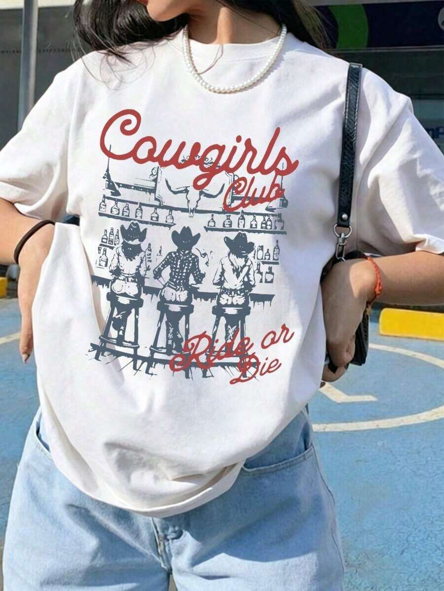 Camiseta de Verano para Mujer con Estampado de Retrato y Letras, Cuello Redondo, Manga Corta, Estilo Casual, Holgada y Versátil, Camiseta Blanca Elegante para Uso Diario en Verano - Blanco - Ver 1