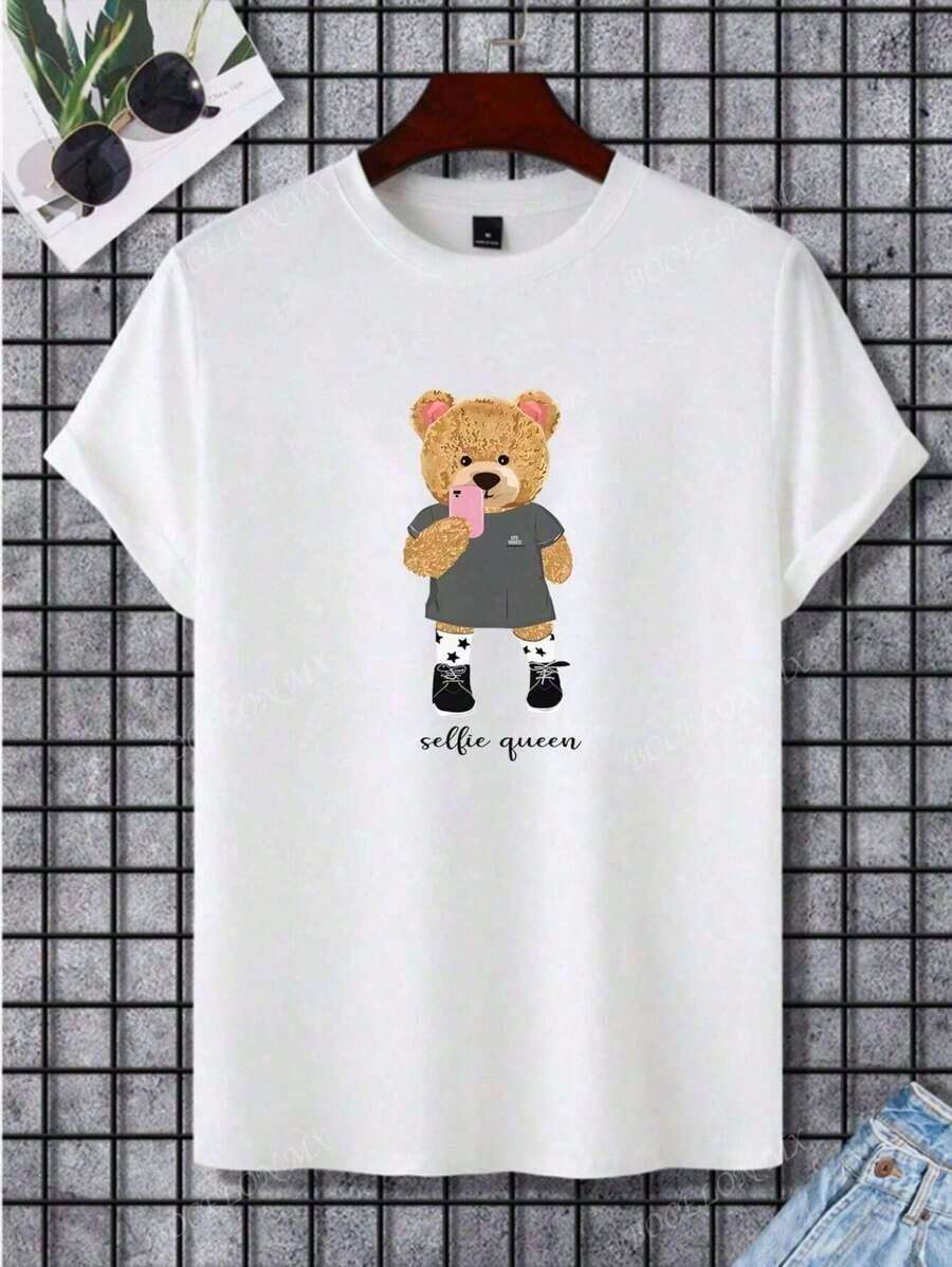 disfraz halloween hombreTalla grande Camiseta Estampado Caricatura Oso Letra Moda Casual Camiseta De Talla Grande Mujer Simple Manga Corta Topplayera de hombretwilight Y2k Camiseta Camisa De - Blanco - Ver 1
